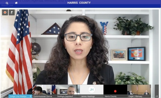 Harris County Judge Lina Hidalgo met with county commissioners on Aug. 24, passing an initiative to bring needed nurses to Houston-area hospitals. (Emily Lincke/Community Impact Newspaper)