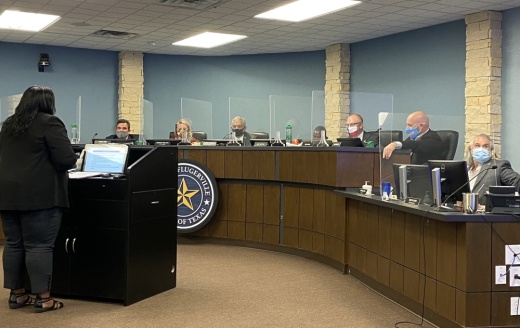 Nicole Little, Pflugerville's business process analyst, addresses City Council on Aug. 24. (Brian Rash/Community Impact Newspaper)