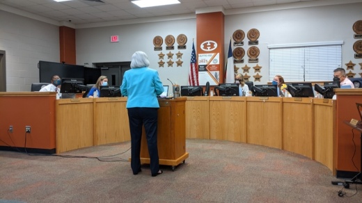 HISD Superintendent Celina Estrada Thomas delivers a presentation to the school board. (Carson Ganong/Community Impact Newspaper)