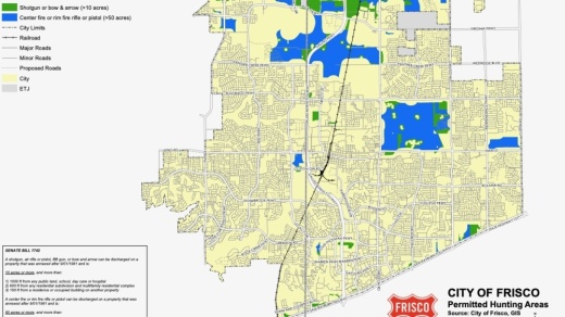 Dove hunting season began Sept. 1. Here is where dove hunting is allowed in Frisco. Blue areas on the map represent land 50 acres or larger, and green areas represent land 10 acres or larger. (Screenshot by Miranda Jaimes/Community Impact Newspaper)
