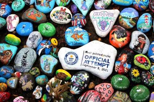 Grapevine's Rock Art Trail is now the largest display of painted rocks, according to Guinness World Records. (Courtesy Grapevine Parks and Recreation Department)