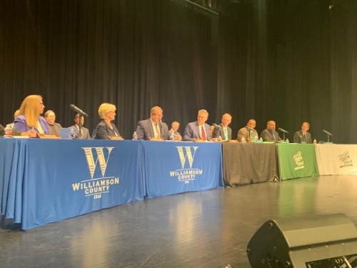 Williamson County Commissioner Court members joined Taylor City Council members for a joint meeting to pass economic development agreements. (Joe Warner/Community Impact Newspaper)