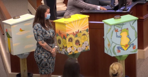The boxes, which feature uplifting designs such as flowers and frogs, will be placed throughout the city, located next to positive messages embellishing the sidewalks. (Screenshot courtesy city of Sugar Land)