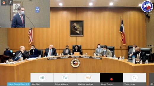 At the Sept. 14 Harris County Commissioners Court meeting, County Administrator David Berry, top left, presents proposed tax rates to commissioners Jack Cagle and Tom Ramsey, Judge Lina Hidalgo, and commissioners Adrian Garcia and Rodney Ellis. (Emily Lincke/Community Impact Newspaper)