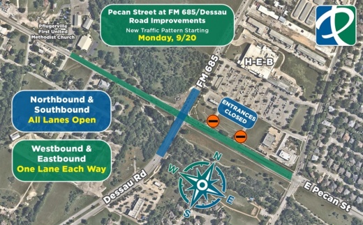 Traffic patterns at the FM 686/Pecan Street intersection will shift starting Sept. 20. (Courtesy city of Pflugerville)