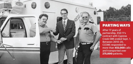 Cliff Woodward (center), co-founder of Cypress Creek Emergency Medical Services, hands the keys of CCEMS’ first ambulance to early CCEMS paramedic Richard Beasley (left) in 1975. (Courtesy Cypress Creek EMS)