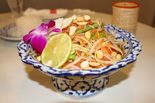 The Thai papaya salad ($9.95) is fresh papaya topped with tomato, long beans, peanuts and salted dry shrimp. (Wesley Gardner/Community Impact Newspaper)