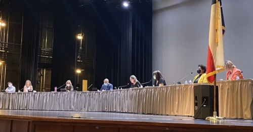 The Sept. 22 meeting of the RRISD Board of Trustees was moved to the Raymond E. Hartfield Performing Arts Center to accommodate a larger audience. (Brooke Sjoberg/Community Impact Newspaper)