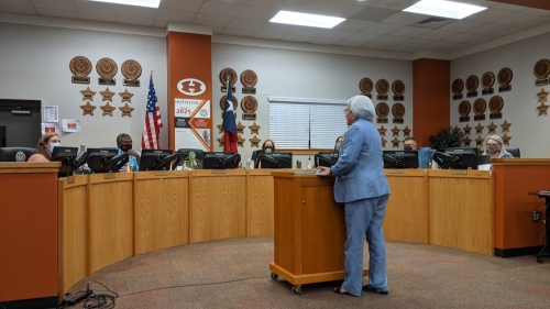 Superintendent Celina Estrada Thomas updates the HISD Board of Directors on district safety policies. (Carson Ganong/Community Impact Newspaper)