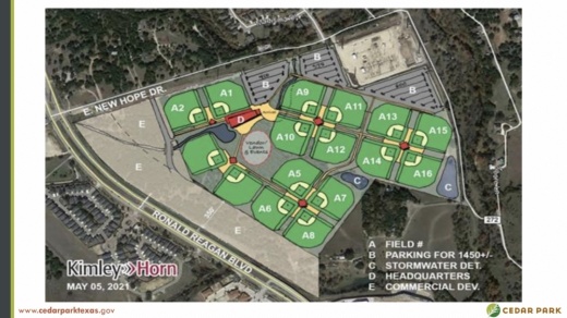 Perfect Game plans to build 16 new turf baseball and softball fields with seating and amenities on 80 acres northeast of RM 1431 and Ronald Reagan Boulevard. (Screenshot courtesy city of Cedar Park)