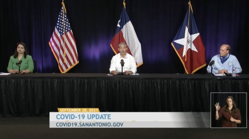 San Antonio Mayor Ron Nirenberg (center) leads a COVID-19 community briefing Sept. 28. (Courtesy city of San Antonio)