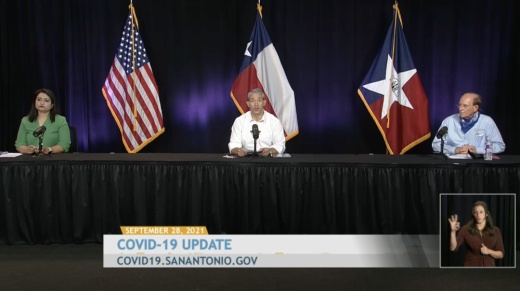 San Antonio Mayor Ron Nirenberg (center) leads a COVID-19 community briefing Sept. 28. (Courtesy city of San Antonio)