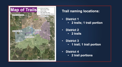 Four soon-to-be constructed trails and one existing trail in the city of Sugar Land will be getting names soon, as the city moves one step closer to a major expansion of its trail network.
