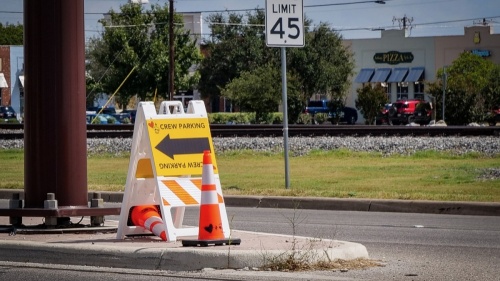 A "crew parking" sign sits near the site of the filming in downtown Hutto. (Courtesy City of Hutto)