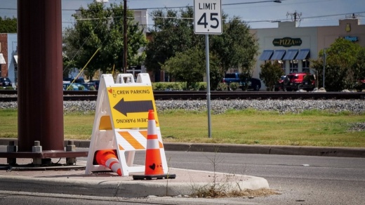 A "crew parking" sign sits near the site of the filming in downtown Hutto. (Courtesy City of Hutto)
