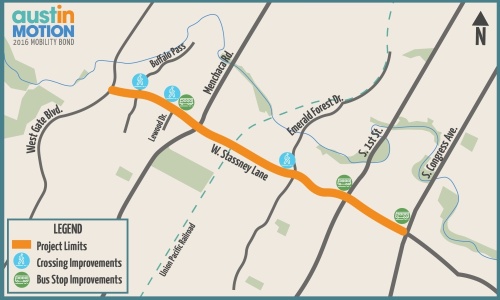 The second phase of the Stassney Lane project involves improved pedestrian crossings and bus stops. (Courtesy Austin Transportation Department)