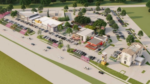 An aerial rendering of the Richardson Restaurant Park shows the future Dave's Hot Chicken and Eiland Coffee Roasters on the north edge of the property (far right). It also shows the approved outdoor Biergarten. (Courtesy Hermansen Land Development)