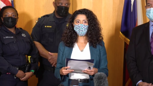 Lina Hidalgo discusses the "Clean Streets, Safe Neighborhoods" initiative at an Oct. 12 press conference. (Screenshot courtesy Harris County Judge's Office)
