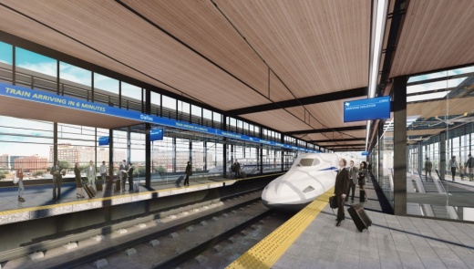 A conceptual rendering shows what a high-speed rail station in Dallas could look like. A final design on the station has not yet been released. (Courtesy Texas Central)