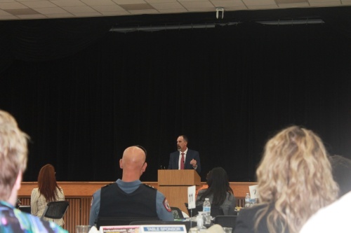 Friendswood ISD Superintendent Thad Roher address the attendees. (Sierra Rozen/Community Impact Newspaper)