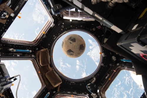 This Clear Creek ISD soccer ball—signed by the daughter of Ellison Onizuka, one of the astronauts aboard the Space Shuttle Challenger—was recovered from the accident debris. In 2016, astronaut Shane Kimbrough took the ball with him aboard the International Space Station and presented it to members of the Onizuka family in late 2017. (Courtesy NASA)