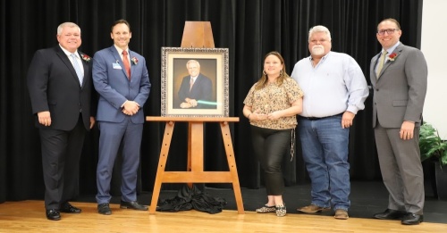 CISD board President Skeeter Hubert and Superintendent Curtis Null spoke about the significance of the new school during the ceremony before Ruben W. Hope III addressed the audience and shared stories about his father. (Courtesy Conroe ISD)