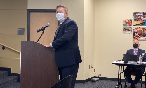 Brandon Cardwell, the district's executive director of facilities and construction, addressed the PfISD board during an Oct. 21 meeting. (Brian Rash/Community Impact Newspaper)