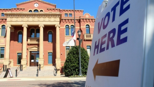 A vote here sign in front of Southlake Town Hall