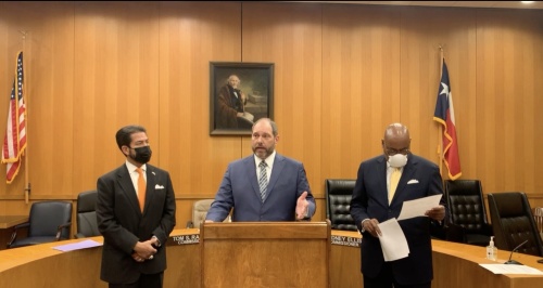 From left, Precinct 2 Commissioner Adrian Garcia, Wayne Young, CEO of The Harris Center for Mental Health and IDD, and Precinct 1 Commissioner Rodney Ellis announced a new community-initiated mental health care project during a press conference Oct. 26. (Screenshot via Facebook Live)