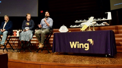 Employees of drone-based delivery company Wing held a town hall on Oct. 28 on the upcoming drone delivery service in partnership with Walgreens. (Matt Payne/Community Impact Newspaper)