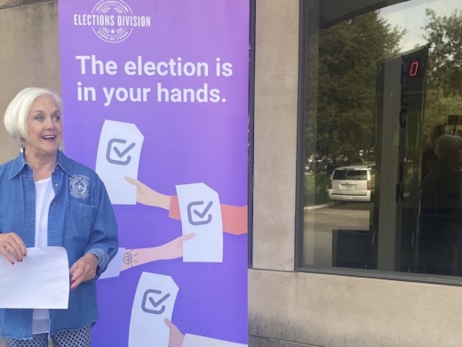 Travis County Clerk Dana Debeauvoir addresses the press Nov. 2. (Darcy Sprague/Community Impact Newspaper)