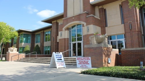 Voting signs outside of Keller Town Hall