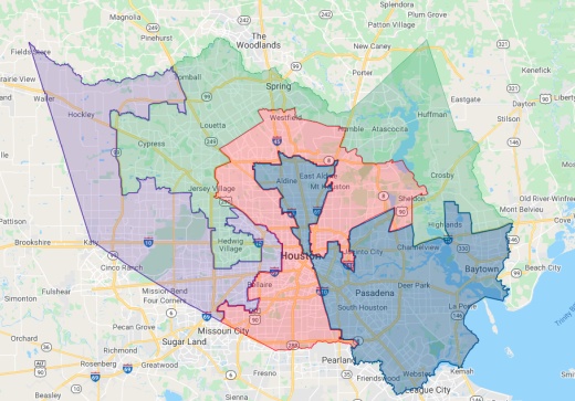 Map files obtained from the Office of the Harris County Attorney show the approved change in precinct boundaries from the 2010 census to the 2020 census. (Screenshot via Google Maps)