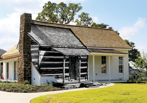 This photo illustration shows the position of the log cabin hidden behind the walls of the renovated house in Flower Mound. (Photo by Samantha Van Dyke, illustration by Michelle Degard/Community Impact Newspaper)