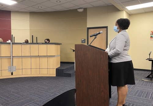Jennifer Land, the district's chief financial officer, addressed the PfISD board of trustees during a Nov. 18 meeting. (Brian Rash/Community Impact Newspaper)