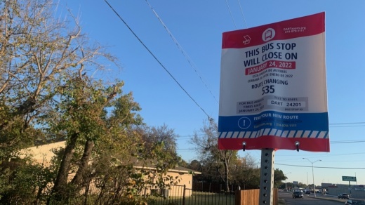 Dallas Area Rapid Transit is updating around 10,000 bus stop signs as part of its bus network overhaul that will go into effect Jan. 24. (Olivia Lueckemeyer/Community Impact Newspaper)