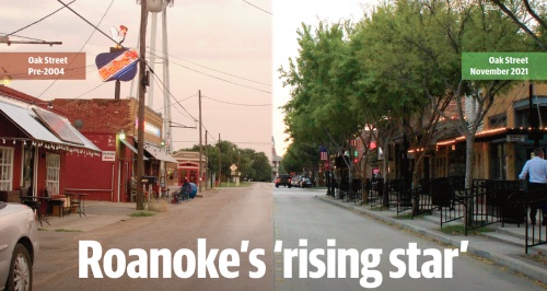 The photo on the left depicts Oak Street before 2004. The photo on the left depicts the street presently. (Left: courtesy city of Roanoke) (Right: Sandra Sadek/Community Impact Newspaper)