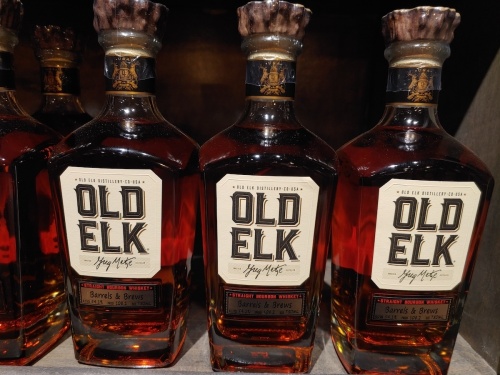 A bottle of Old Elk Straight Whiskey Bourbon on the shelves of Barrels & Brews at Murfreesboro Road. The bottle is an example of the store's focus on hand-selected single-barrel spirits. (Martin Cassidy/Community Impact Newspaper)
