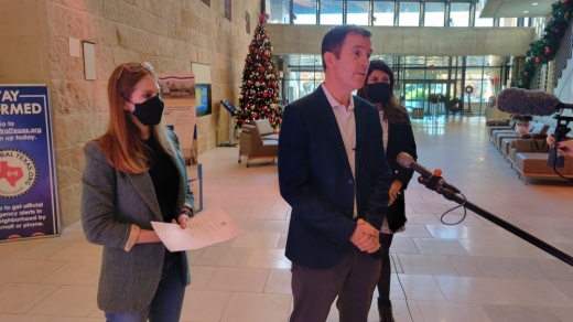 Julie Oliver and Mike Siegel of Ground Game Texas, right, and District 2 Council Member Vanessa Fuentes discussed the marijuana and no-knock warrant ballot item at City Hall Dec. 1. (Ben Thompson/Community Impact Newspaper)