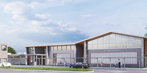 The proposed design shared by Kirksey Architecture at the meeting included major changes to both the interior and the exterior of the building. (courtesy Katy ISD)