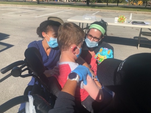 A child gets a COVID-19 shot in November, shortly after the Food and Drug Administration authorized use of the Pfizer-BioNTech COVID-19 vaccine for children ages 5 through 11. (Courtesy Dell Children’s Medical Center)