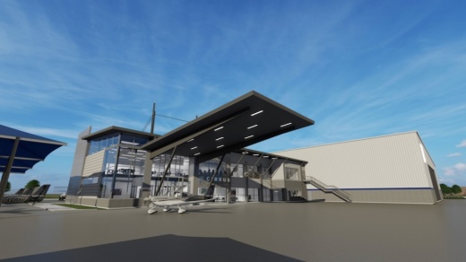 The upcoming facility will expand Cirrus’ capacity of those services with space for aircraft storage, service hangars and a two-story office. (Rendering courtesy Cirrus Aircraft)