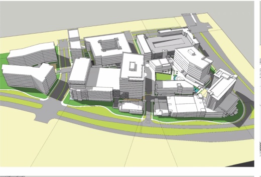 An overhead conceptual view shows the $700 million Aureum mixed-use development that was approved in 2019. SouthStar LLC and Chartwell Hospitality LLC, the developers are requesting to amend the building schedule to build multifamily housing first. (Courtesy SouthStar LLC/Chartwell Hospitality LLC)