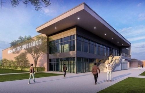 The additions to the high school will include a new auditorium and competition gym with renovations happening to the fine arts and career tech classroom spaces, according to agenda documents. (Rendering courtesy PBK Architects and S&P)