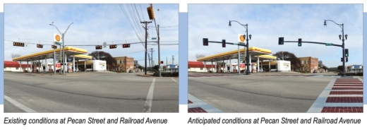 As one example, city documents show telephone poles and other cables and infrastructure would completely disappear from view at the intersection of Pecan Street and Railroad Avenue under the plan. (Courtesy city of Pflugerville)