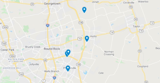 google maps screenshot of round rock pflugerville and hutto texas showing commercial projects recently filed in the area 
