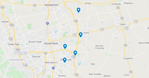 google map screenshot of round rock pflugerville and hutto areas with points of recent commercial projects filed in the area by tdlr