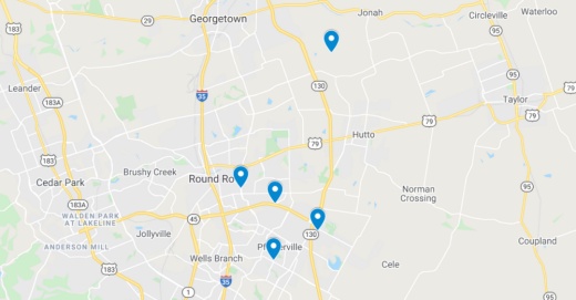 google maps screenshot of round rock pflugerville and hutto area in central texas with new construction pinpointed