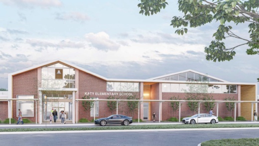 Kirksey Architecture brought the revised rendering of the school, which featured a more traditional brick exterior, to the meeting, where trustees unanimously approved the new design. (Rendering courtesy Katy ISD)
