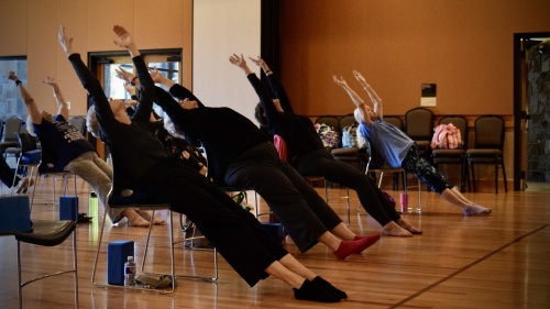 Members of the McKinney Senior Recreation Center participate in chair yoga. (Matt Payne/Community Impact Newspaper)